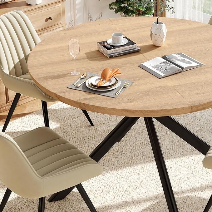 47.2" 5-Piece Round Dining Table Set for 4, Modern Wood Dining Table with 4 Upholstered Chairs, Kitchen & Dining Room Table Set with Metal Base for Apartment, Small Space, Natural Table+4 Beige Chairs