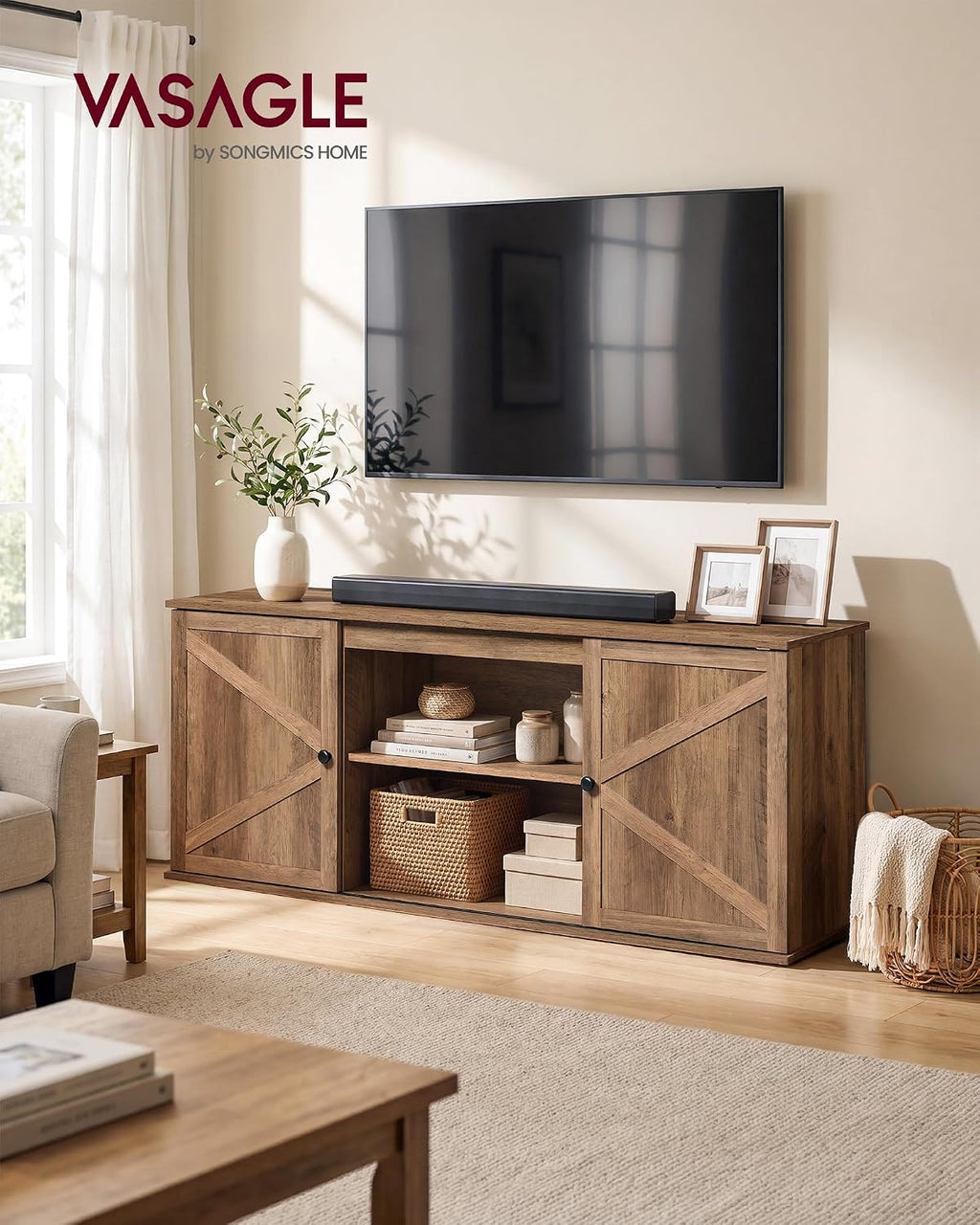 VASAGLE Farmhouse TV Stand for TVs up to 65 Inches, Entertainment Center with Storage Cabinets and Sliding Barn Doors, Media Console Table for Living Room, Honey Brown ULTV535K101