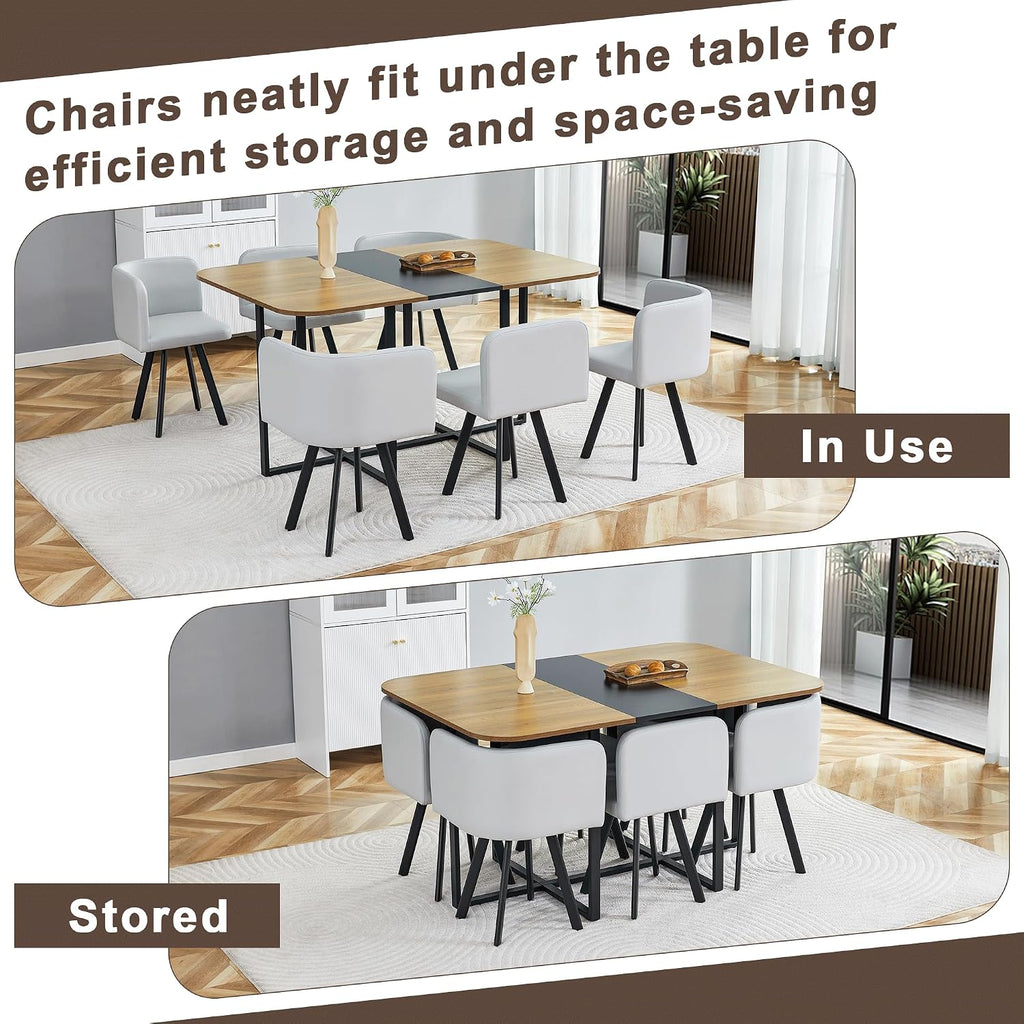 Hommoo 7-Piece Dining Table & Chairs Set for 6, 59” Rectangular Kitchen Table with 6 Chairs PU Leather Upholstered, Space-Saving Dining Room Table with Metal Frame Black Wood Table and Grey Chair