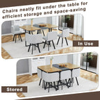 Hommoo 7-Piece Dining Table & Chairs Set for 6, 59” Rectangular Kitchen Table with 6 Chairs PU Leather Upholstered, Space-Saving Dining Room Table with Metal Frame Black Wood Table and Grey Chair