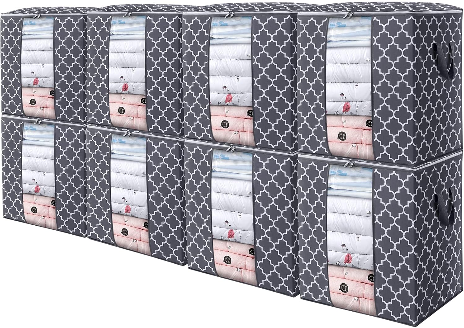 WISELIFE Storage Bags 8 Pack/100L Large Blanket Clothes Organization and Storage Containers for Comforters,Bedding, Foldable Organizer with Reinforced Handle, Clear Window, Sturdy Zippers,Gray