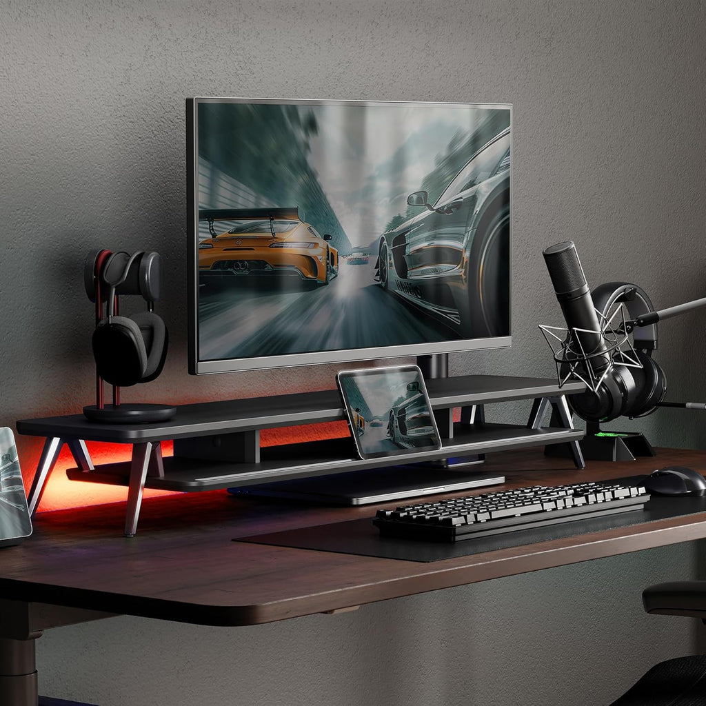 Fenge Dual Monitor Stand, Monitor Stands Riser for 2 monitors, 42.5 Inch Wood Desk Shelf with Storage Organizer and Cable Management for Office Desk Accessories