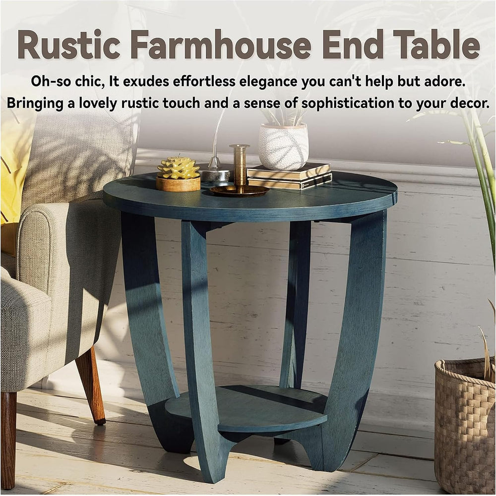 COZAYH End Table - Rustic Farmhouse Round Accent - Storage Shelf Blue