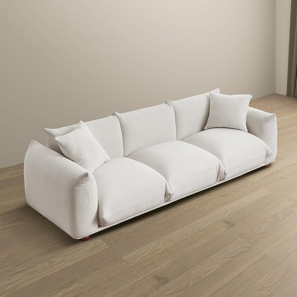 Sofa Couch, 100", 3 Seater, Solid Wood Frame, Boucle, Minimalist, Cream | Mid Century Modern 3 Seater Upholstered Couch, Nordic Minimalist Comfy Sofa, Solid Wood Frame Living Room Furniture