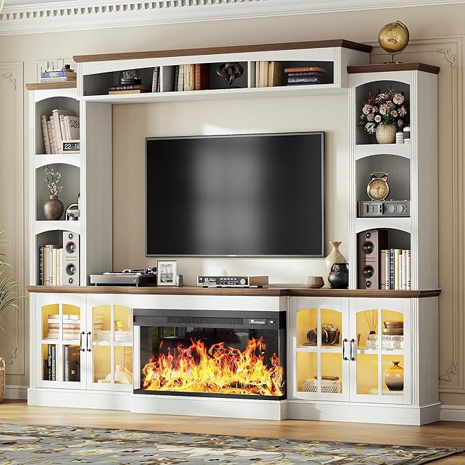 98" Farmhouse TV Stand with 36" Electric Fireplace, Bookshelves, Fits 75" TVs, Entertainment Center with Storage Cabinet, Large Wall Unit Media Console for Living Room, White