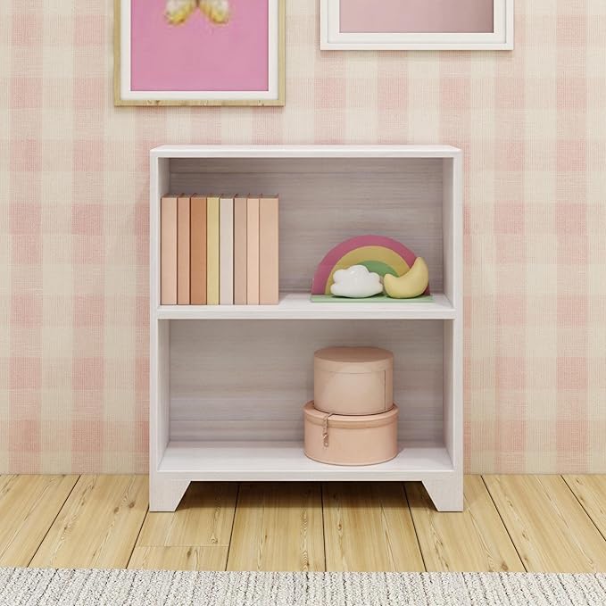 Max & Lily Modern Farmhouse 2-Shelf Bookcase, Solid Wood Bookshelves for Kids Bedroom, White Wash