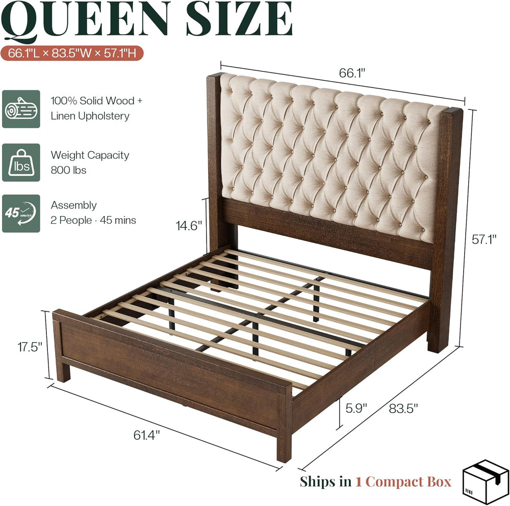 Jocisland Queen Size Solid Wood Bed Frame,57" Wingback Headboard,Walnut