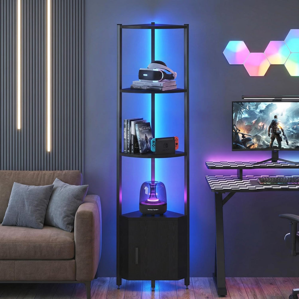 Corner Shelf with Storage, LED Lights 6-Tier Corner Bookshelf, 66'' O...