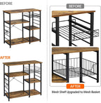 Topeakmart Metal Frame Baker's Rack with Wire Basket,Rustic Brown | Engineered wood shelves with side hooks,Microwave Stand for kitchens,dining rooms,Coffee Bar,and offices