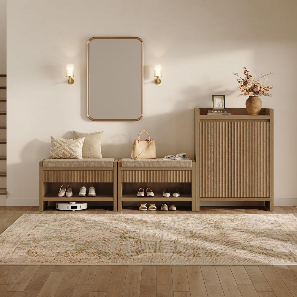 SICOTAS Fluted Shoe Bench with Cushion & Drawer for Entryway, Caramel Oak...