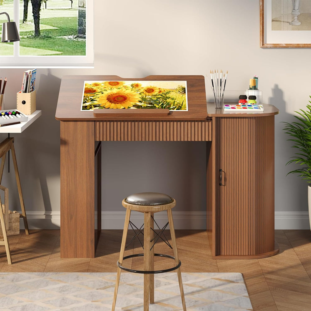Drafting Table with Storage Cabinet & Drawers, Crafting Table with Open S...