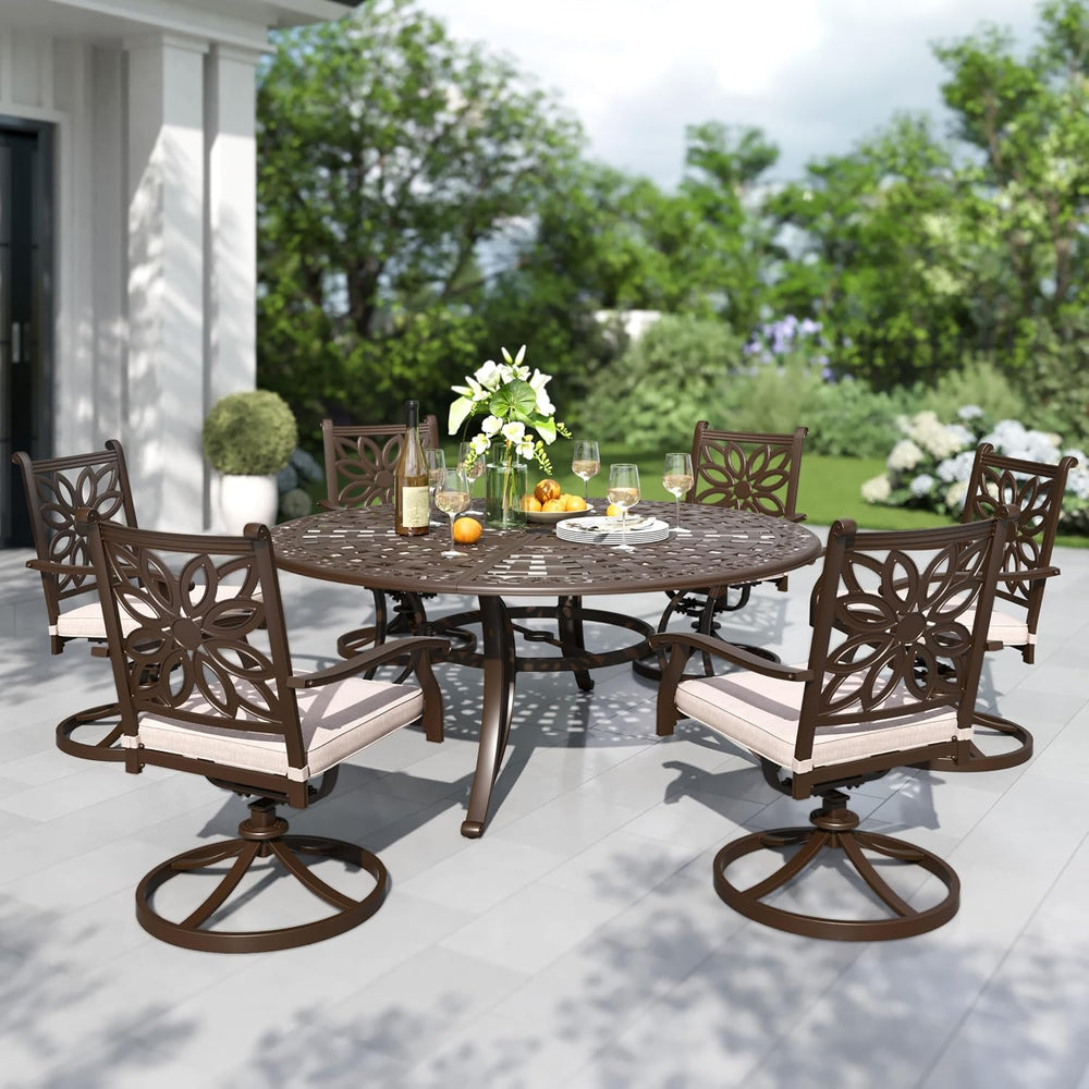 PHI VILLA Patio Dining Set, Swivel Chairs, 54" Round Cast Aluminum Table