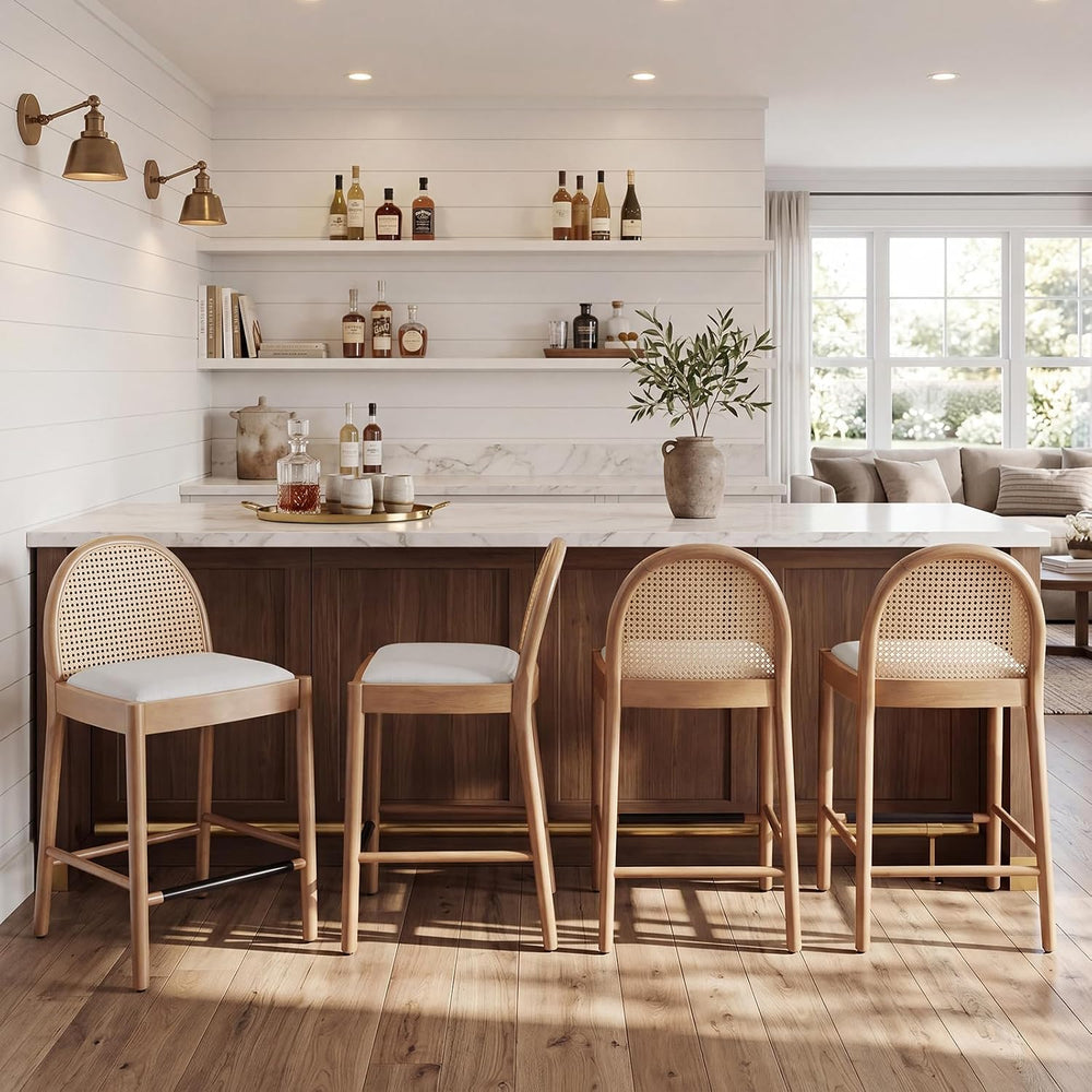 Ya-Home Mid-Century Bar Stools Set of 4, 26 Inch Rattan Back Linen Counter He...