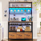 Itaar Bakers Rack with Storage and Power Outlet, 35.4 inch Coffee Bar Cabinet, Microwave Stand Kitchen Cabinet with Hutch, LED Lights, Wine Rack and Hooks, Rustic Brown