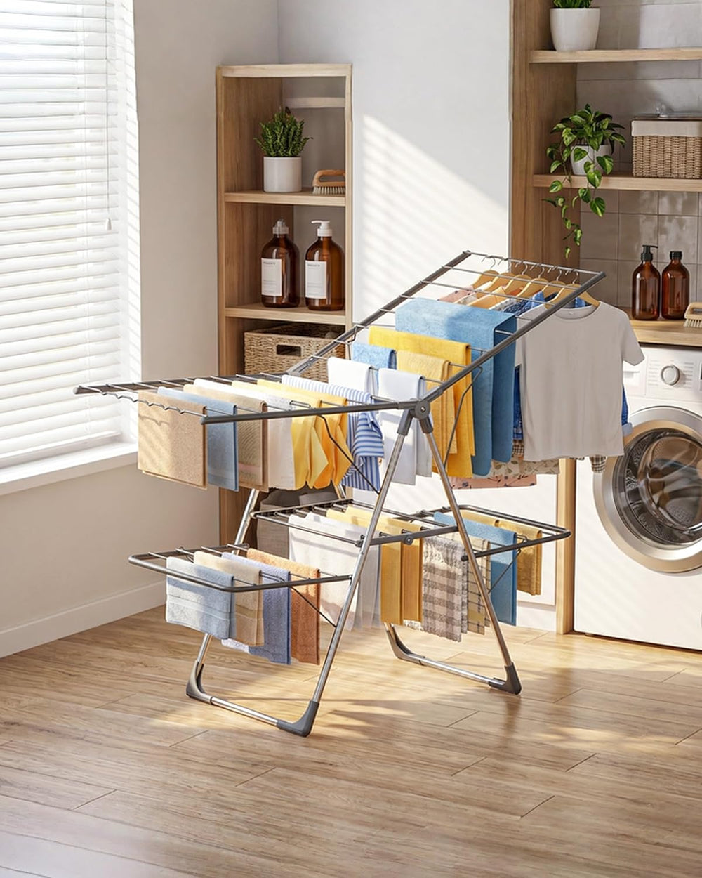 Sakugi Clothes Drying Rack, Foldable 2-Level Laundry Drying Rack with Height-...