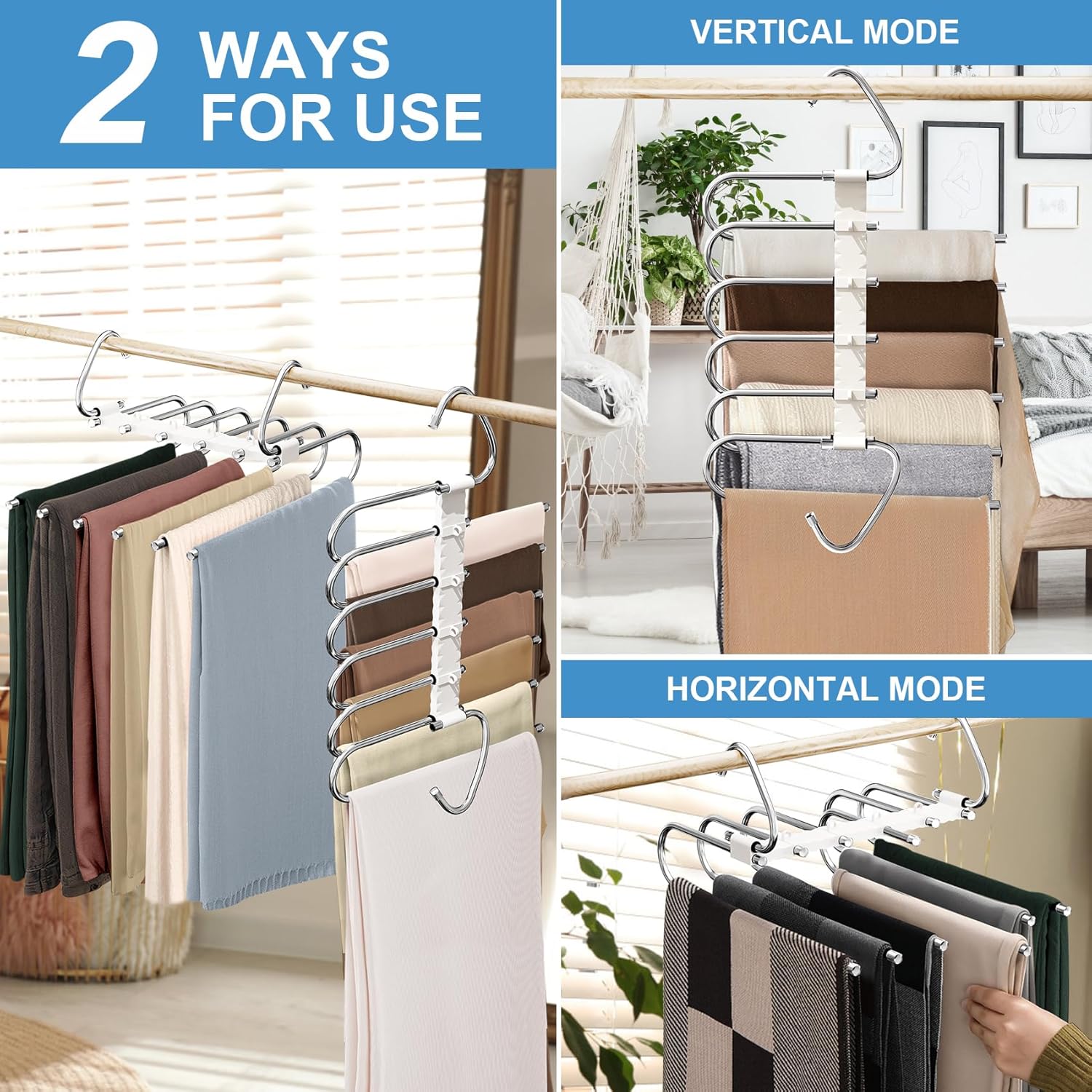 Upgrade 6 Layers Pants Hangers Space Saving, 2 Pack Non Slip Stainless Steel Multifunctional Pants Rack S-Type Pant Closet Hanger Organizer with Hooks for Pants Leggings Trousers, Antiquewhite