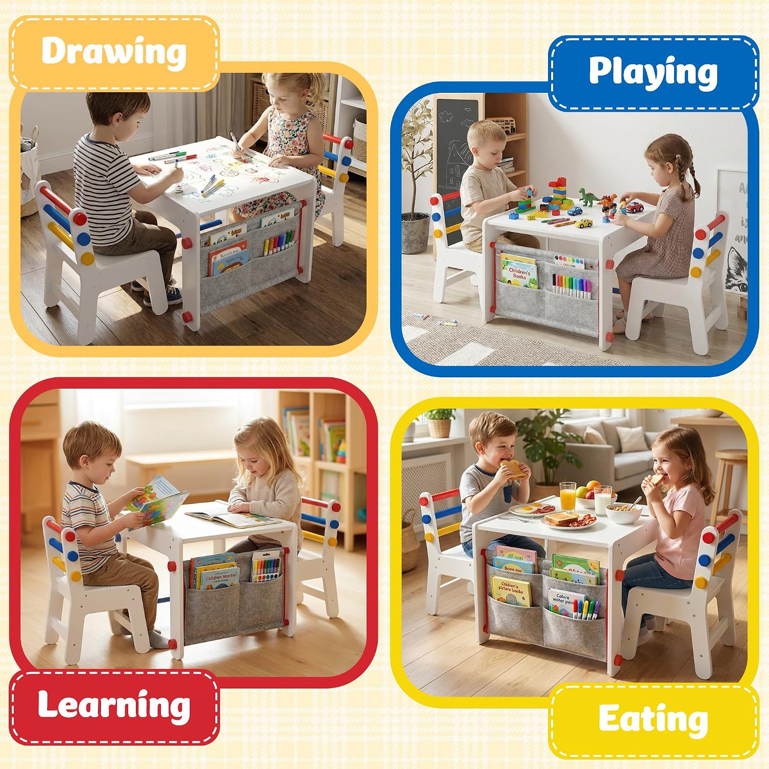 DOREROOM Wooden Kids Table & Chair, Graffiti Desktop & Storage, Multicolor | 4-in-1 Activity Table Set for Drawing, Crafts & Arts, Reading, Learning, Toddler Desk for Playroom, Daycare, Home, Ages 3+
