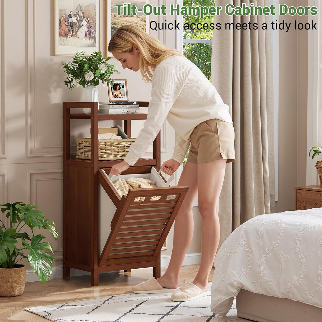 Homykic Tilt Out Laundry Hamper, 10 Gal Bamboo Laundry Storage Cabinet with Removable Basket, Hidden Hamper Organizer with Shelf for Dirty Clothes, Bathroom, Laundry Room, Space Saving, Walnut
