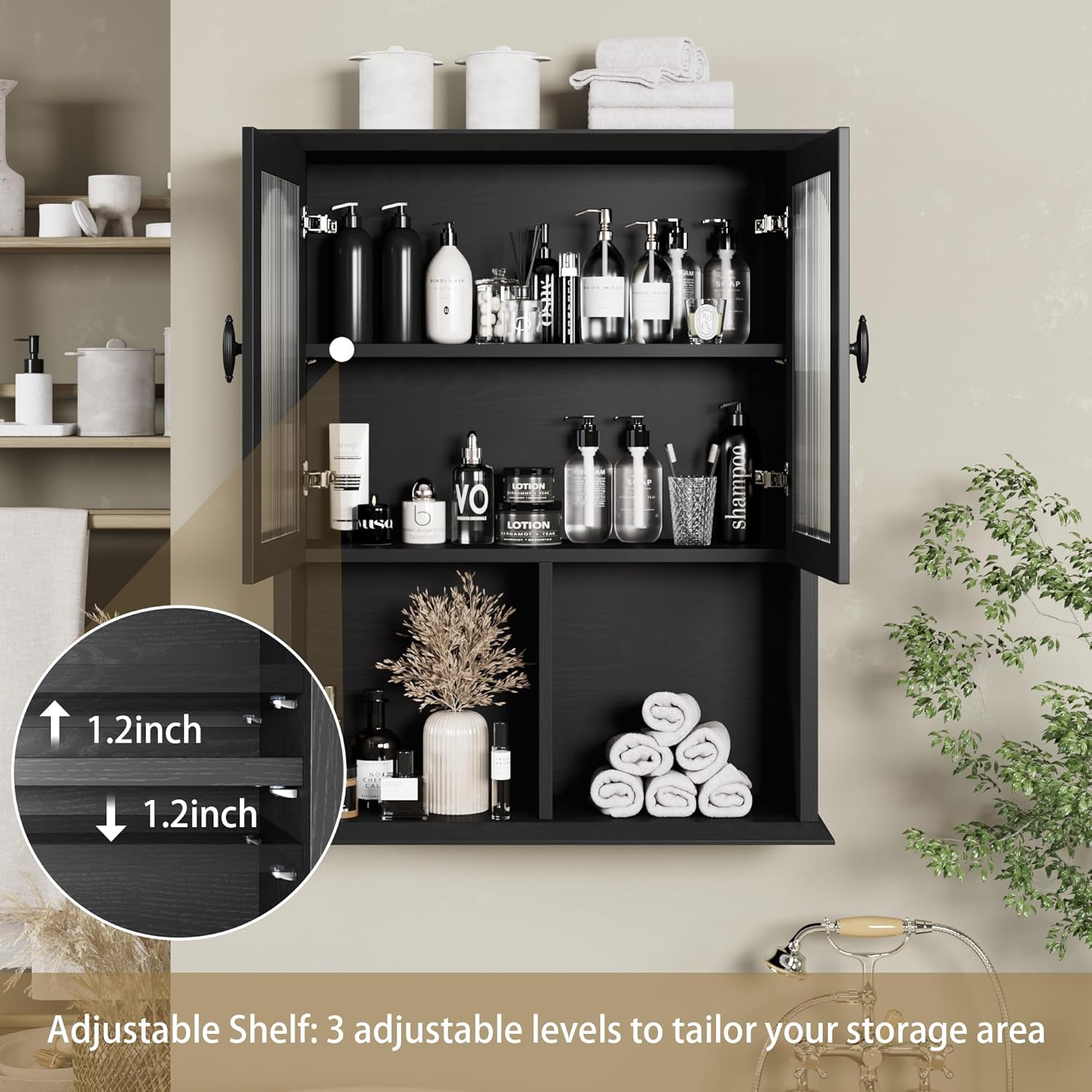 CJL Bathroom Wall Cabinet with Fluted Door, 23.6'' x 29.5'' Medicine Cabinet, Over The Toilet Storage Cabinet, Black