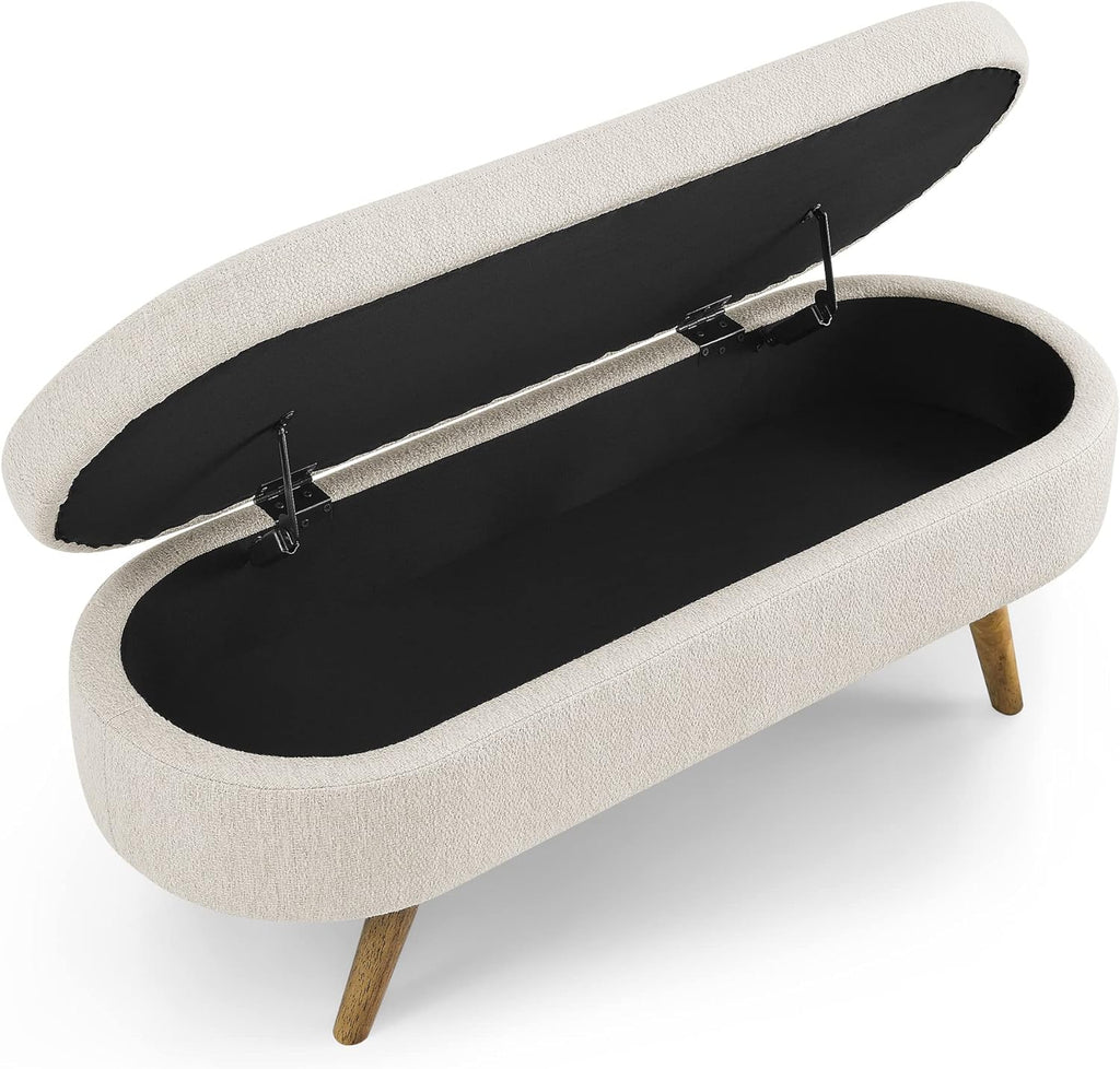 43.5" Oval Storage Bench, End of Bed Storage Benches, Linen Fabric Upholstered Ottoman Bench with Safety Hinge for Living Room Entryway Bedroom Hallway (Beige, 43.5 inch)