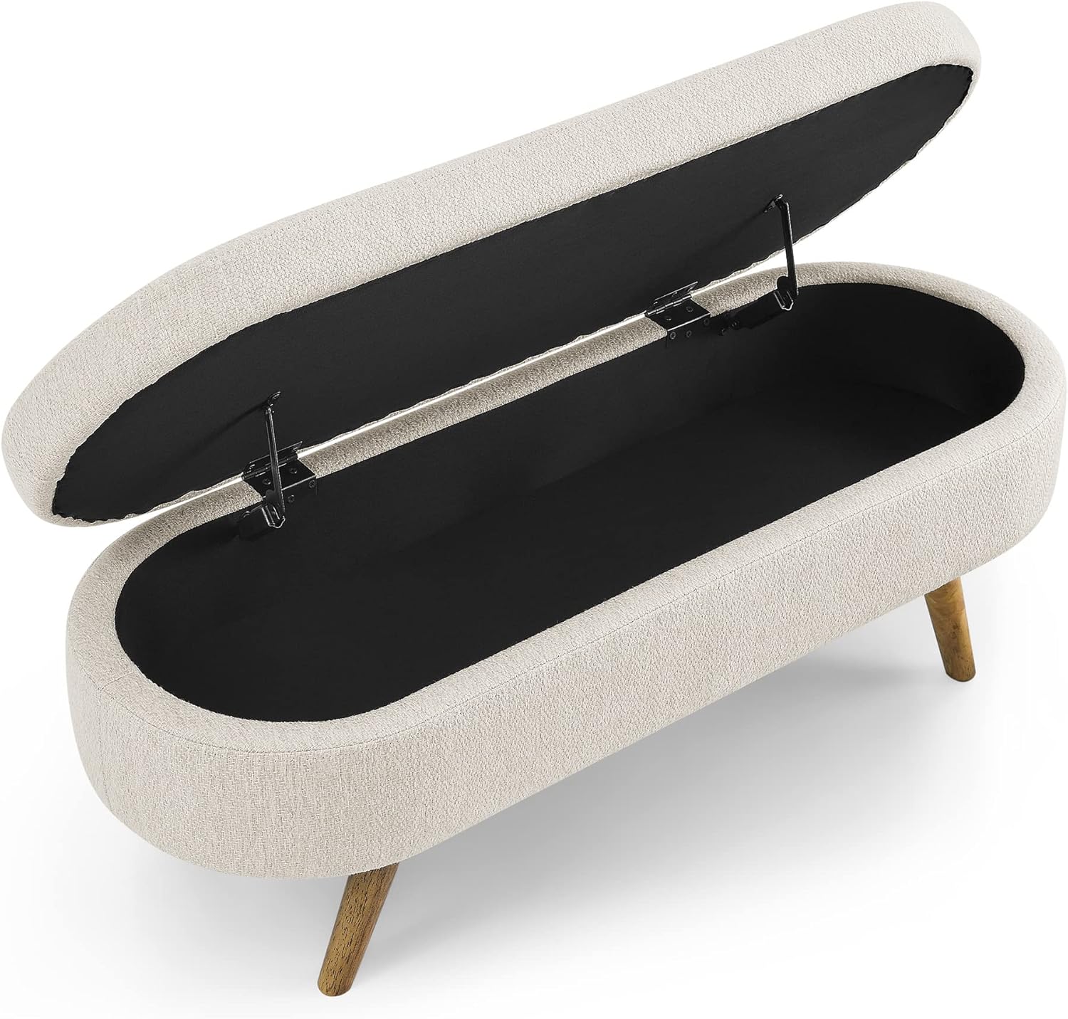 43.5" Oval Storage Bench, End of Bed Storage Benches, Linen Fabric Upholstered Ottoman Bench with Safety Hinge for Living Room Entryway Bedroom Hallway (Beige, 43.5 inch)