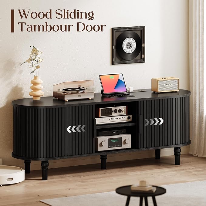 TV Console with Power Outlet-55" Entertainment Center with Sliding Tambour Door, Modern TV Stands for Living Room Bedroom, LED Media Stand with Storage Cabinet and Adjustable Shelves, Black