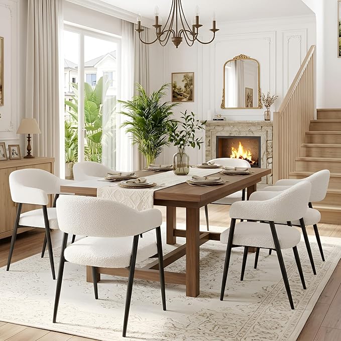 HNY Modern Dining Room Arm Chairs Set of 6, Faux Sherpa Boucle Upholstered Barrel Dining Chairs with Arms Mid-Century White Accent Chair with Metal Legs, Open-Back Kitchen Side Chair for Living Room