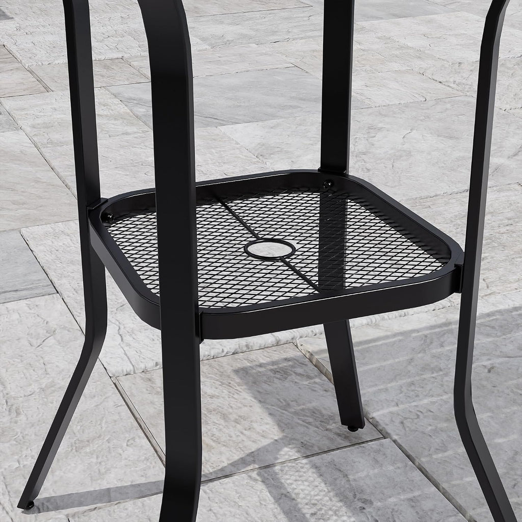 VICLLAX Outdoor Bar Table with Umbrella Hole, Tall Top Patio Furniture for Lawn Garden, Black Tabletop with Storage Shelf