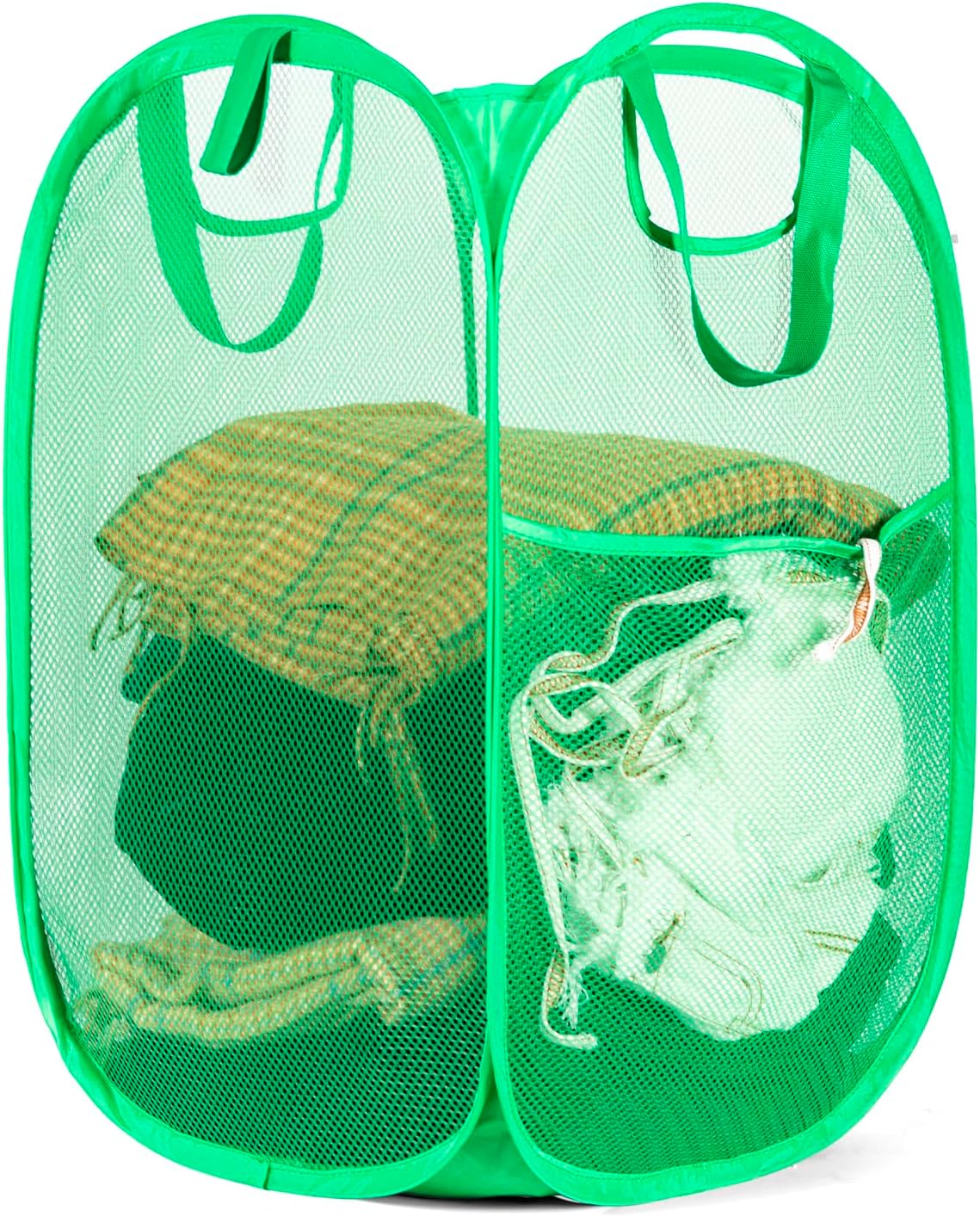 HOUSE AGAIN Pop Up Laundry Hamper, Strong Mesh Laundry Baskets Collapsible, Hamper with Handles and Side Pocket, Portable Foldable Dirty Clothes for Dorm, Laundry room and Travel Storage, Green
