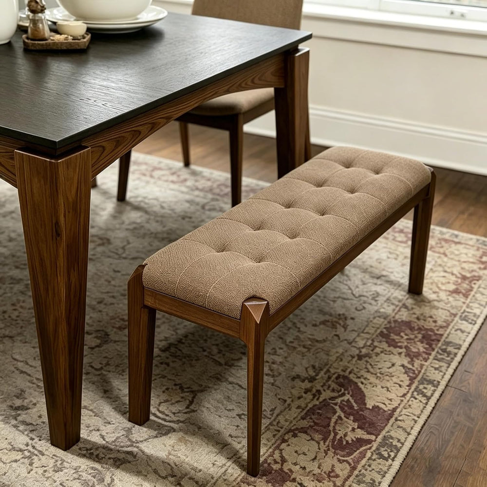 Lartis Solid Wood Dining Bench, Grid Quilted Button Tufted Cotton Linen Uphol...