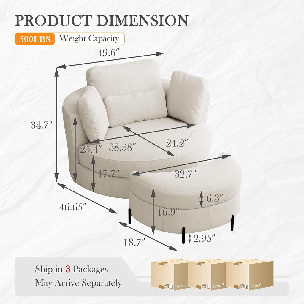 Aoiy & Wifon 50'' W Oversized Swivel Barrel Chair with Storage Ottoman, Beige Round Accent Chair with Half Moon Ottoman for Living Room, Deep Seat & Extra Wide, Chenille