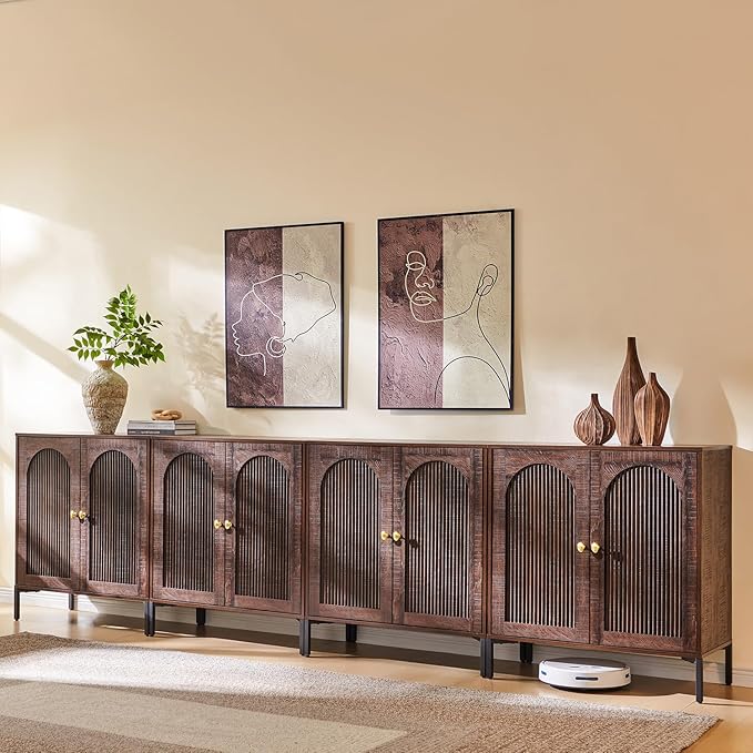 Modern TV Stands for 85 Inch TVs, 123.5‬"W Wood Entertainment Center w/Adjustable Shelves, Mid Century Modern TV Stand w/Arched Fluted Doors, Media Console Cabinet for Living Room, Brown