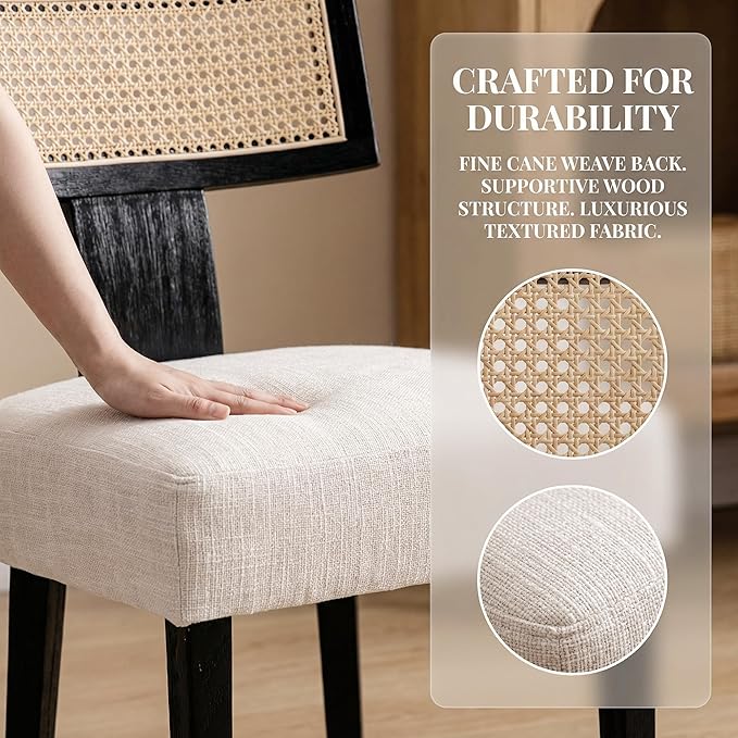 Upholstered Farmhouse Dining Chairs Set of 6 Mid Century Modern Dining Room Chairs Rattan Linen Kitchen Chairs Armless Side Chairs with Black Wood Frame/Rattan Back for Living Room,Beige