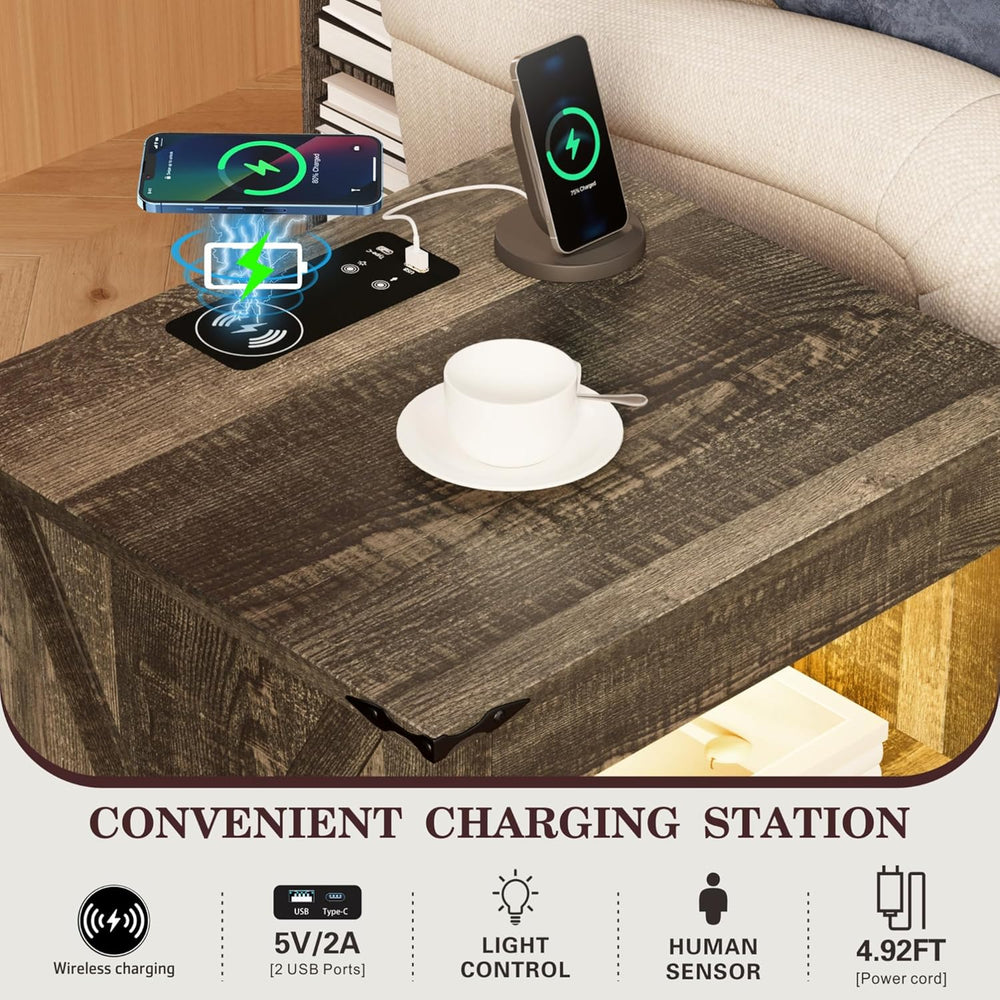 FREDEES LED Nightstand with Gun Drawer, Bedside Table with Charging Station f...