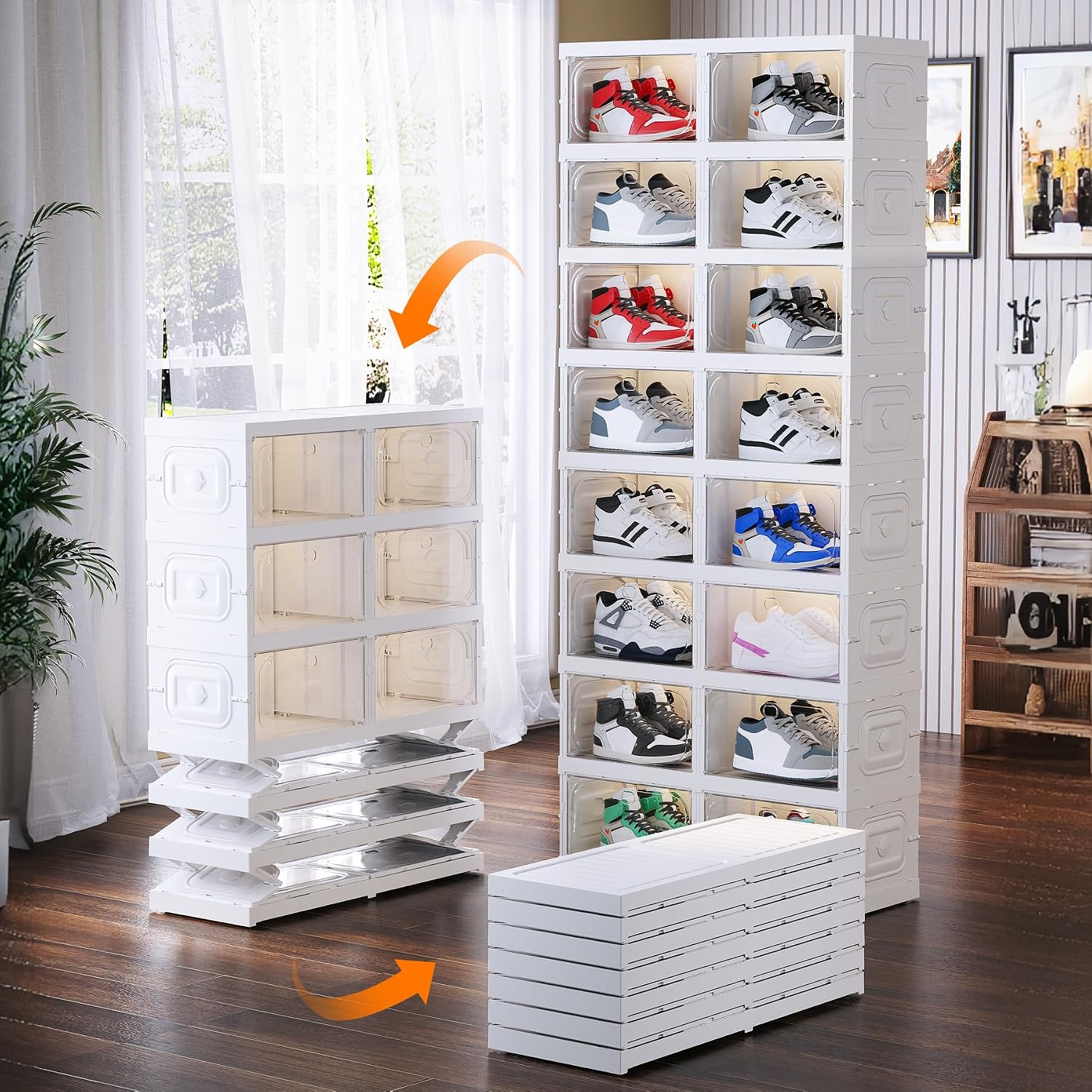 Shoe Box Foldable Storage Box Installation-free Clear Plastic Stackable Shoe Storage Cabinet Shoe Organizer Shoe Container Box with Lids Large Size Shoe Rack (8 Tiers 16 Pairs)