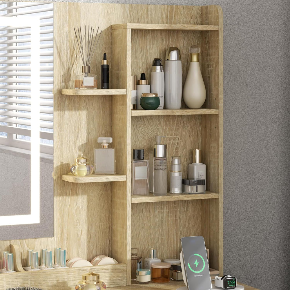 Fluted Vanity Desk with Hidden Storage Stool and Large Mirror, 5 Drawers | Ma...