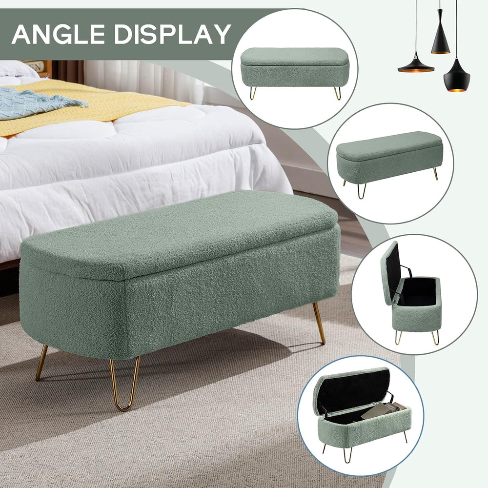 Modern Storage Ottoman Bench, Teddy Upholstered Entryway Bench with Gold Legs...