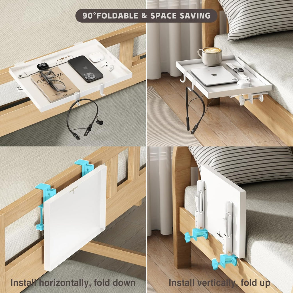 Bedside Shelf Foldable, Metal Clip-On Bunk Bed Table Shelf for Top Bunk Heavy Duty Bed Side Table Tray for College Dorm Room Essentials, Loft Nightstand Organizer Tray with 1 Cord Hole(White)
