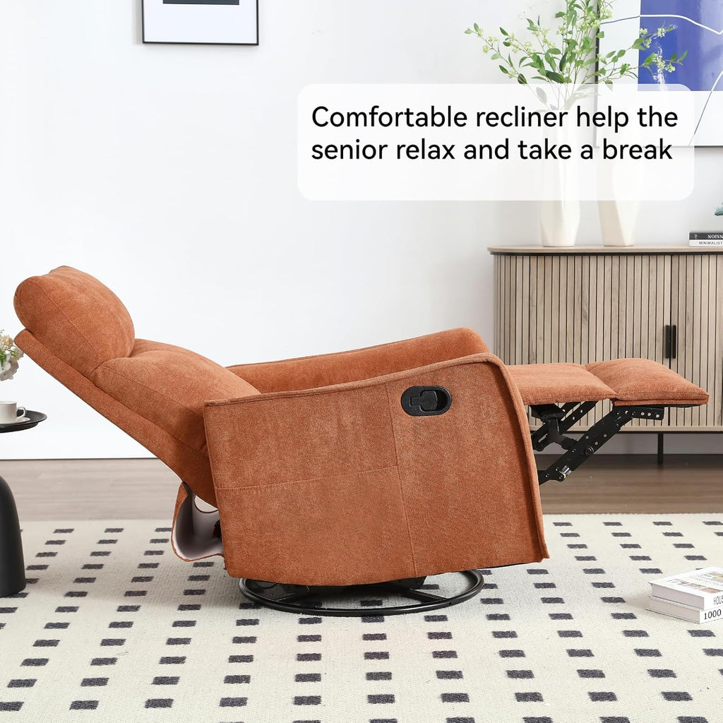 Anwick 360° Swivel Rocker Recliner Chair with Heat and Massage, Manual Upholstered Recliner for Small Spaces, Fabric Glider Nursery Chair with Side Pockets for Living Room (Orange)