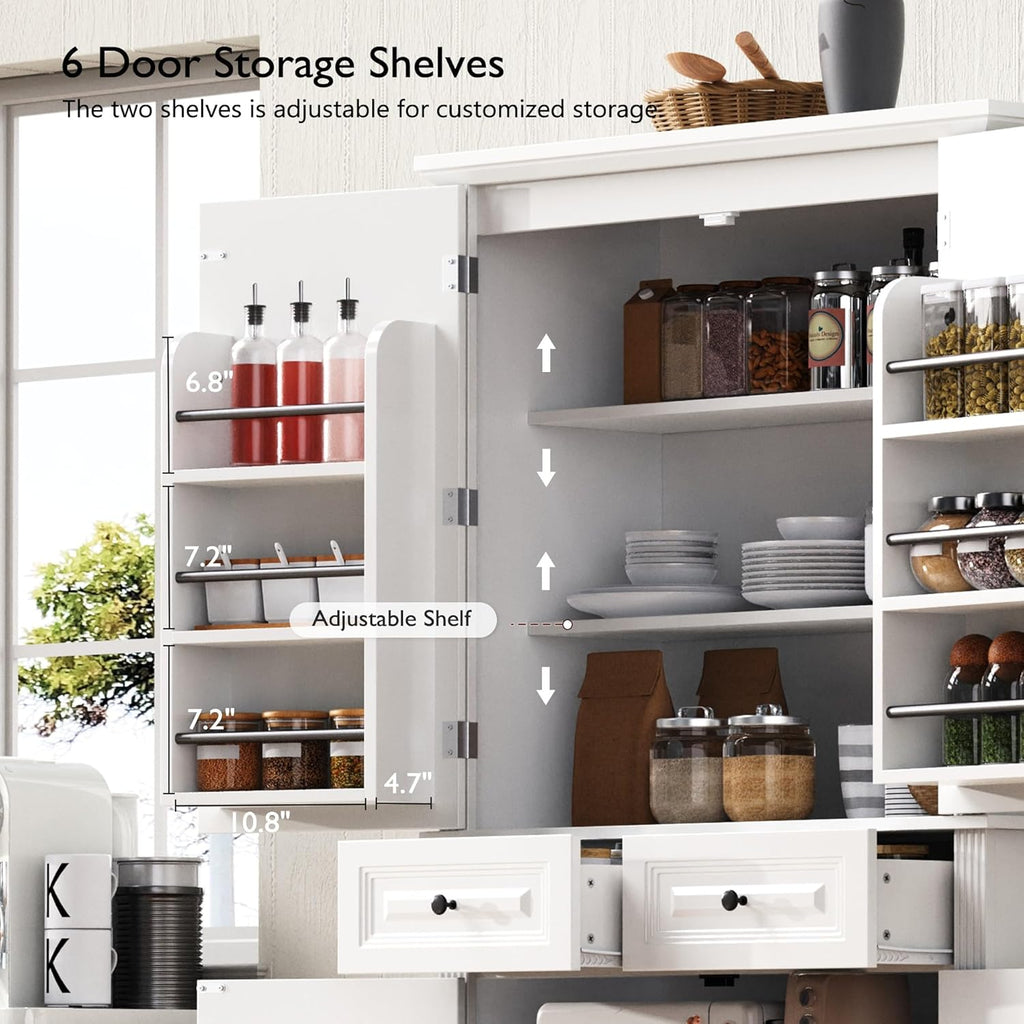 Ball & Cast 71" Farmhouse Kitchen Pantry Cabinet with 3 Pull-Out Organizers, Tall Storage Cabinet with 4 Doors, 2 Drawers, 6 Door Shelves & Adjustable Shelves, Freestanding Cupboard, White