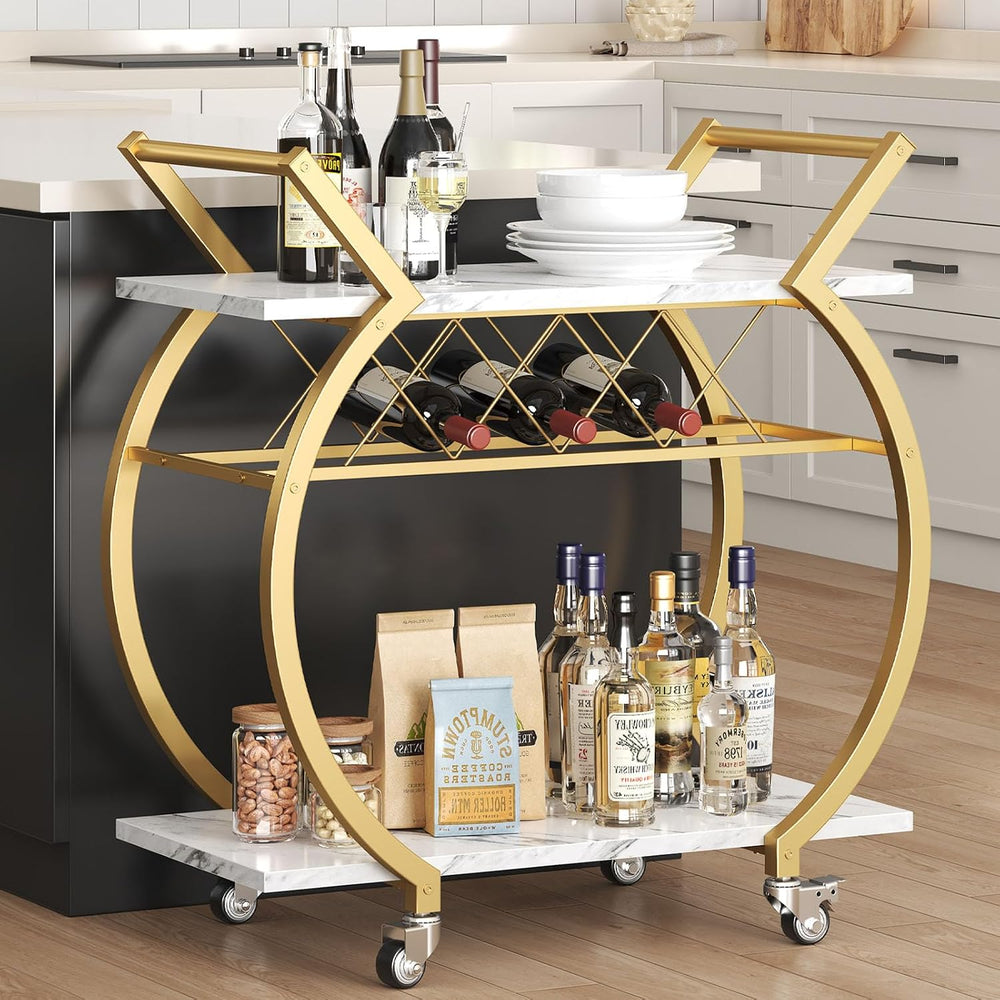 LVB Gold Bar Cart with Wheels, Modern White Marble Home Bar Serving Cart | Dr...