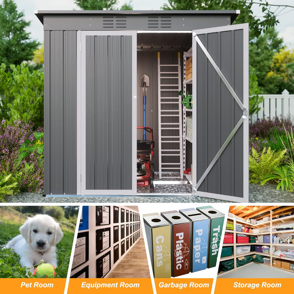 6' x 4' Outdoor Metal Storage Shed, Galvanized Steel Tool Garden Shed, for Patio Backyard Lawn Garden (6x4 Ft Grey)