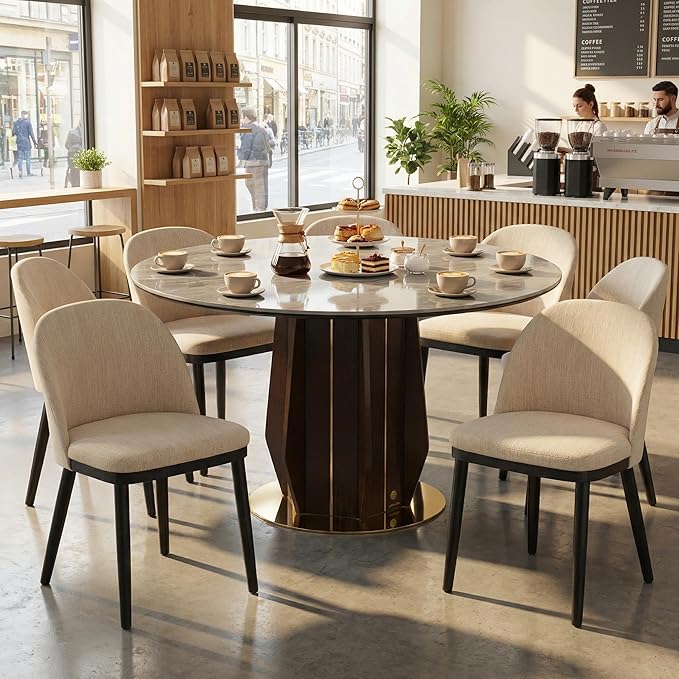 Wooden Dining Chairs Set of 6,Upholstered Kitchen Dining Room Chairs with Curved Backrest and Wood Leg,Modern Fabric Farmhouse Dinner Chair for Restaurant/Cafe,Beige