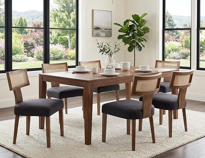 Rattan Dining Chairs Set of 6, Modern Fabric Upholstered Kitchen Chairs, Wooden Dining Room Chair Farmhouse Dinner Chair, Charcoal