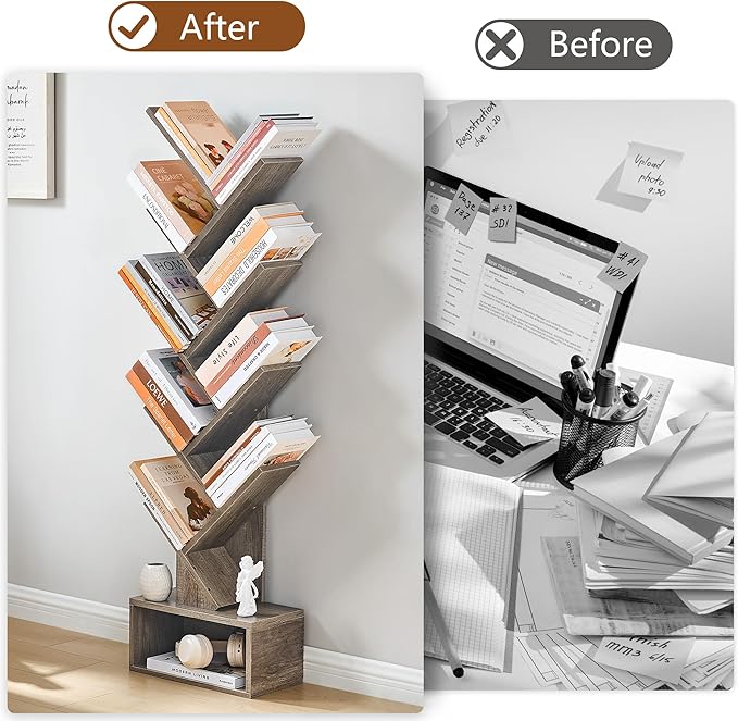 Hoctieon 9 Tier Tree Bookshelf, Tall Bookcase with Drawer, Wood Book Shelf, Modern Floor Standing Bookshelves, Book Organizer Shelves for Bedroom, Living Room, Home Office, Greige