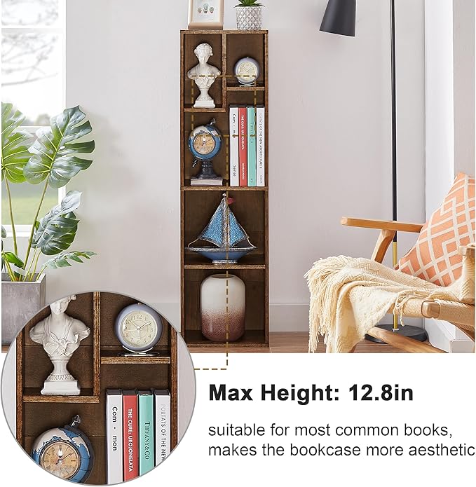 VECELO Small Bookshelf, 5 Cube Slim Bookcase, Fits Tallest Hardcovers, Horizontal Available, Modern Floor Standing Unit, Each Shelf Hold Up to 66 LBS, Vintage Brown