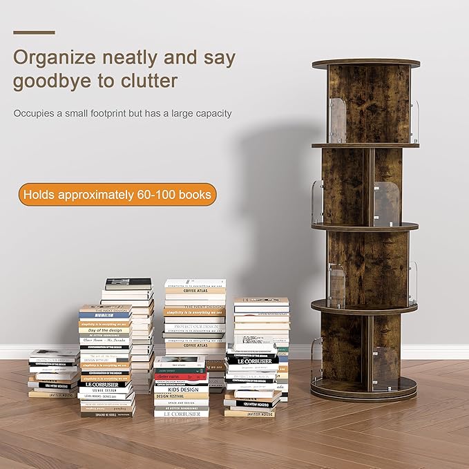 VECELO Rotating Bookshelf Tower, 360°Revolving Bookcase, Modern Tall Book Shelf Storage Display Rack Floor Standing, 4 Tier Storage Rack for Kids&Adults Solid Wood, Brown