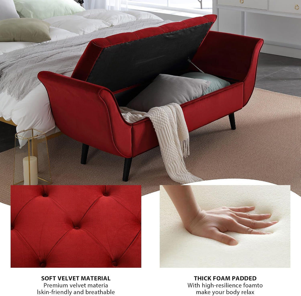 65" Storage Benches Velvet End of Bed Bench Storage Ottoman with Button-...