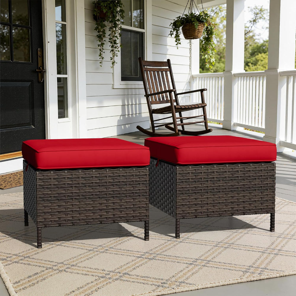 Outdoor Ottomans Set of 2 with Weather-Resistant & Thickened Cushions, PE...