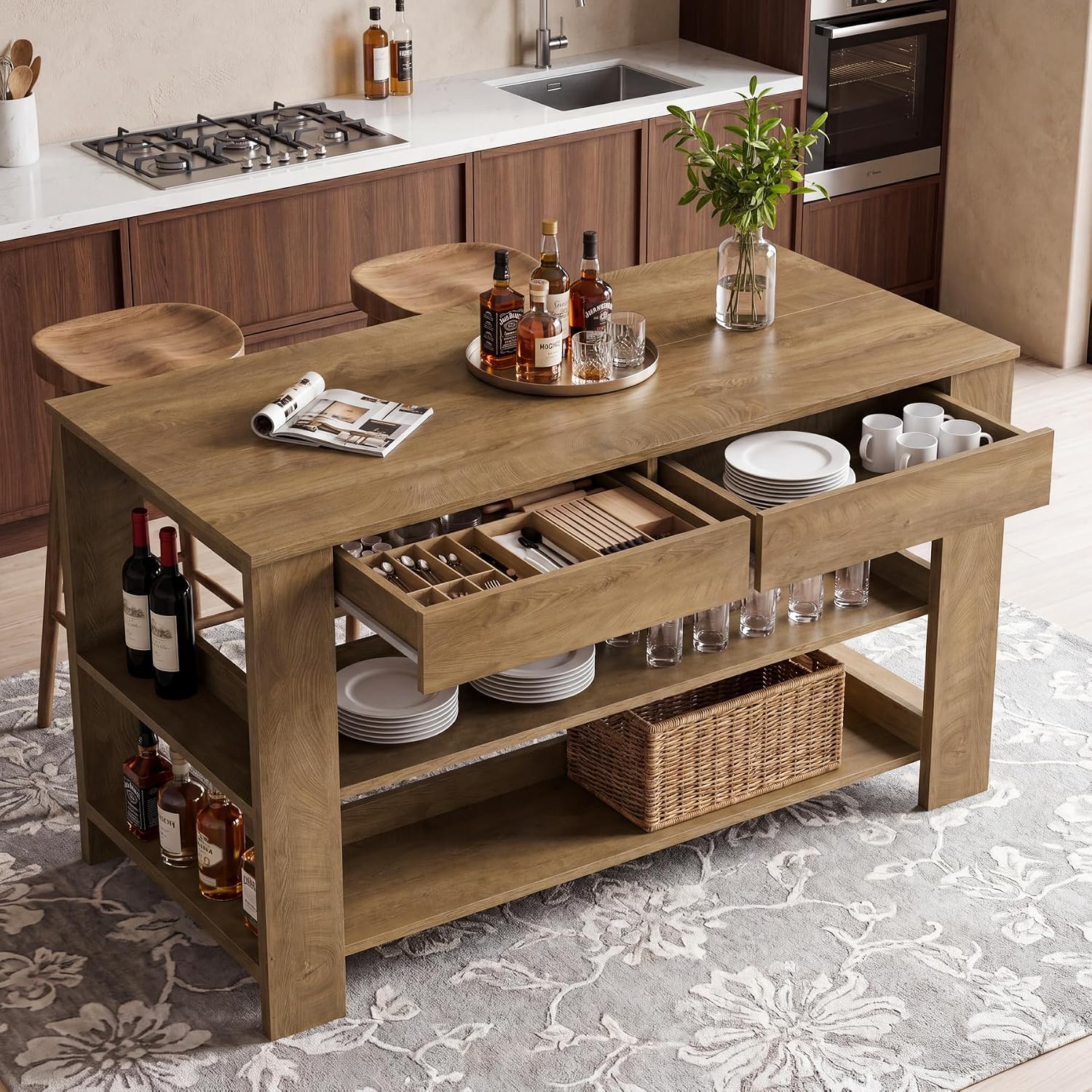 Tribesigns 55" Kitchen Island with Drawers, 2-Tier Farmhouse Wood Stationary Island Table with Storage and Open Shelf, Coffee Bar Table for Kitchen, Dining Room, Small Space, Brown